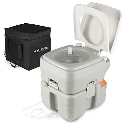 Alpcour Portable Toilet – Compact Indoor & Outdoor Commode w/Travel Bag for Camping, RV, Boat & More – Piston Pump Flush, 5.3 Gallon Waste Tank, Built-In Pour Spout & Washing Sprayer for Easy Cleaning