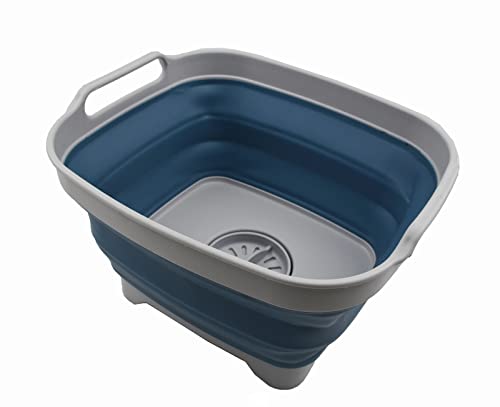 SAMMART 7.5L (2 Gallons) Collapsible Dishpan with Draining Plug - Foldable Washing Basin - Portable Dish Washing Tub - Space Saving Kitchen Storage Tray (Grey/Steel Blue, 1)