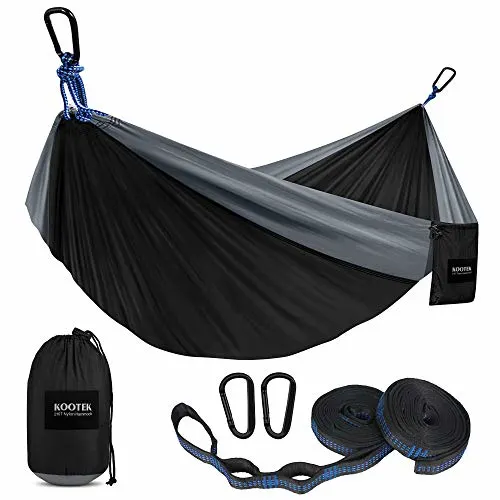 Kootek Camping Hammock Double & Single Portable Hammocks with 2 Tree Straps, Lightweight Nylon Parachute Hammocks for Backpacking, Travel, Beach, Backyard, Patio, Hiking (Black & Grey, Large)