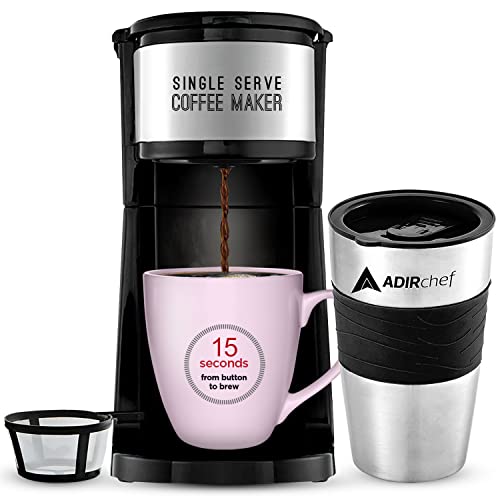 ADIRchef Single Serve Mini Travel Coffee Maker & 15 oz. Travel Mug Coffee Tumbler & Reusable Filter For Home, Office, Camping, Portable Small and Compact (Black)