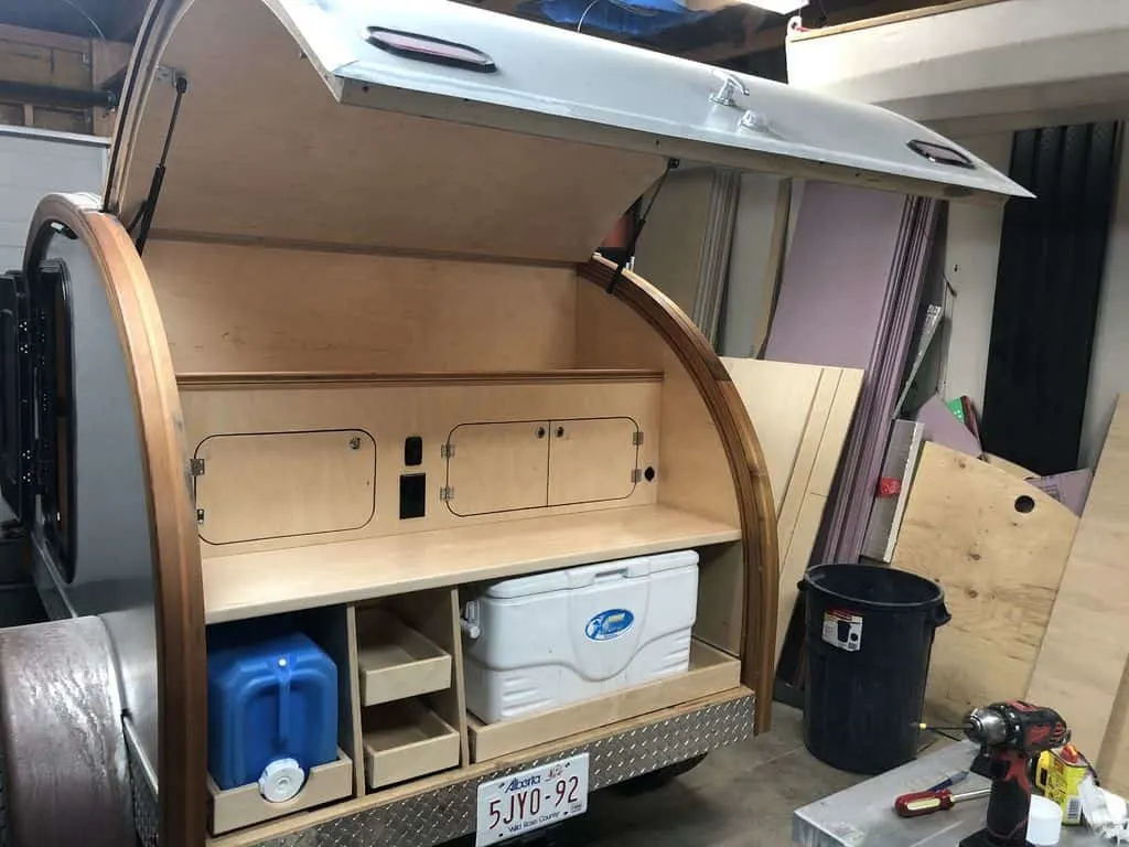 Hatch kitchenette on homemade teardrop camper