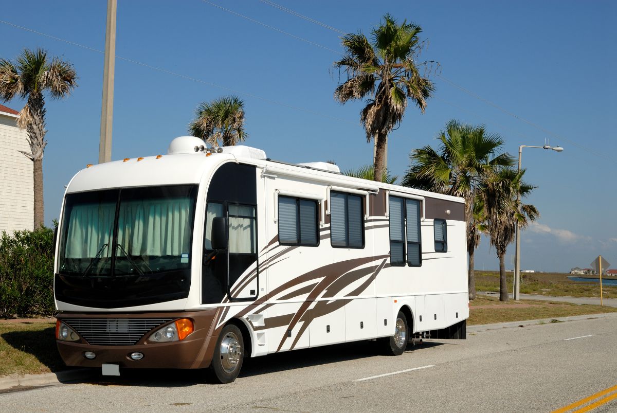 A class A type of RV on road.