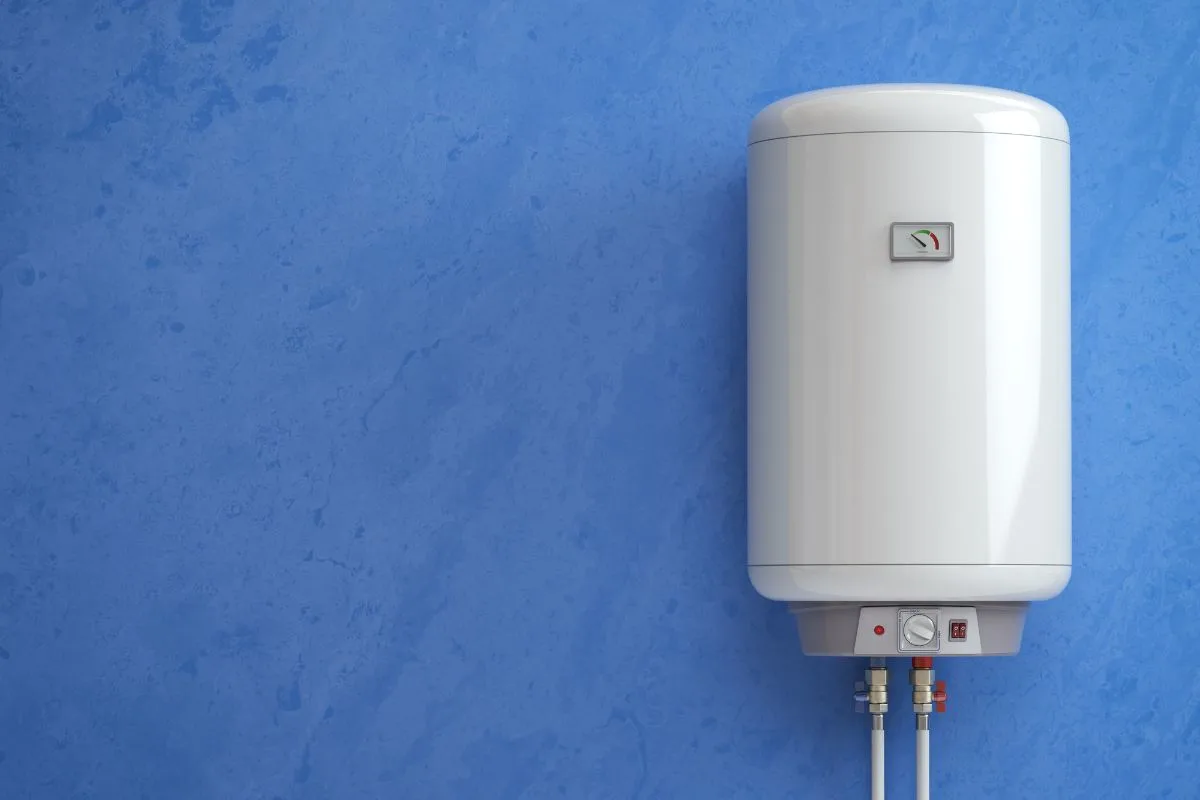 A hot water heater mounted on wall.