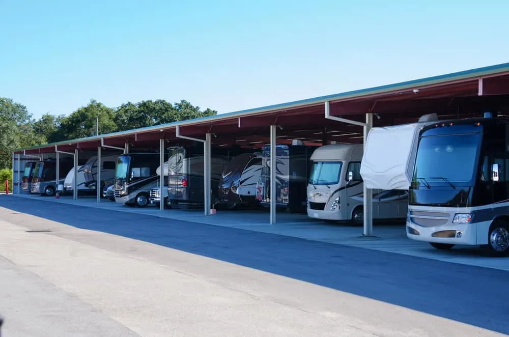 This is a close look at an RV parking lot with cover.