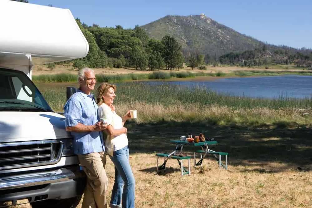 A couple enjoying their camping trip with their RV.