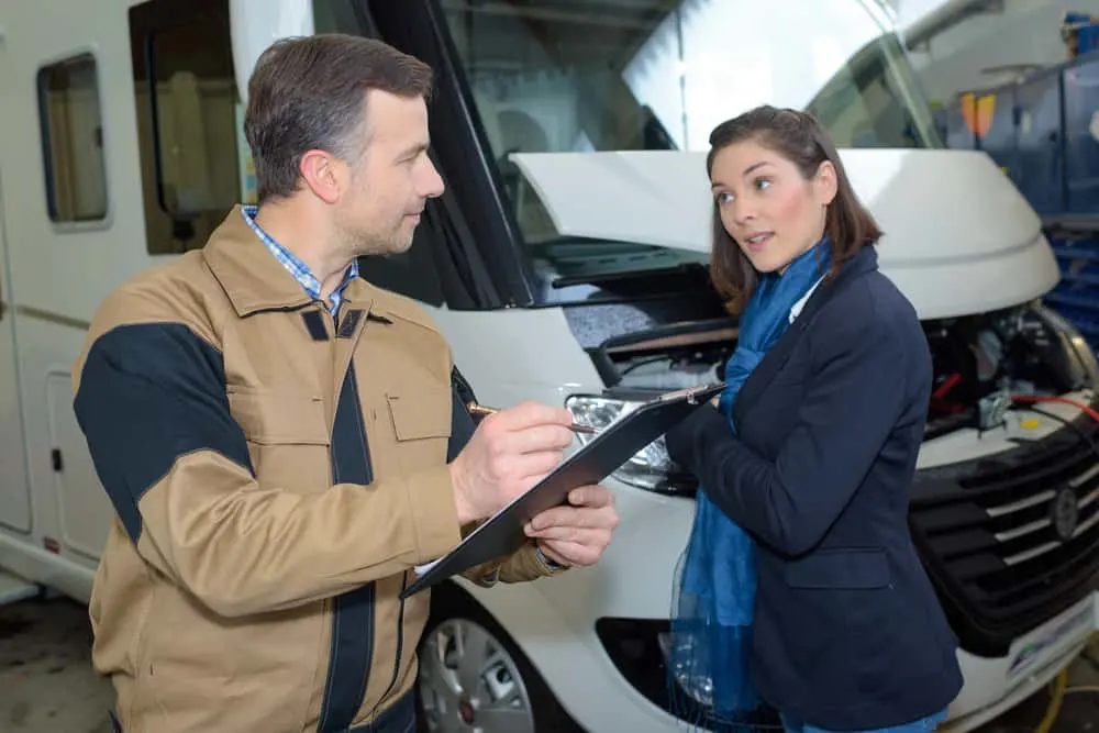 This is a rental company agent with a female customer discussing the RV.