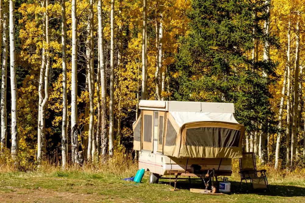 This is a pop up camper setup in a forest camp site.