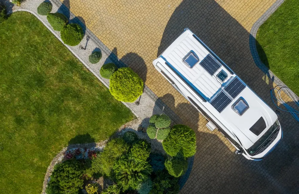 This is a close look at the roof of an RV with solar panels.