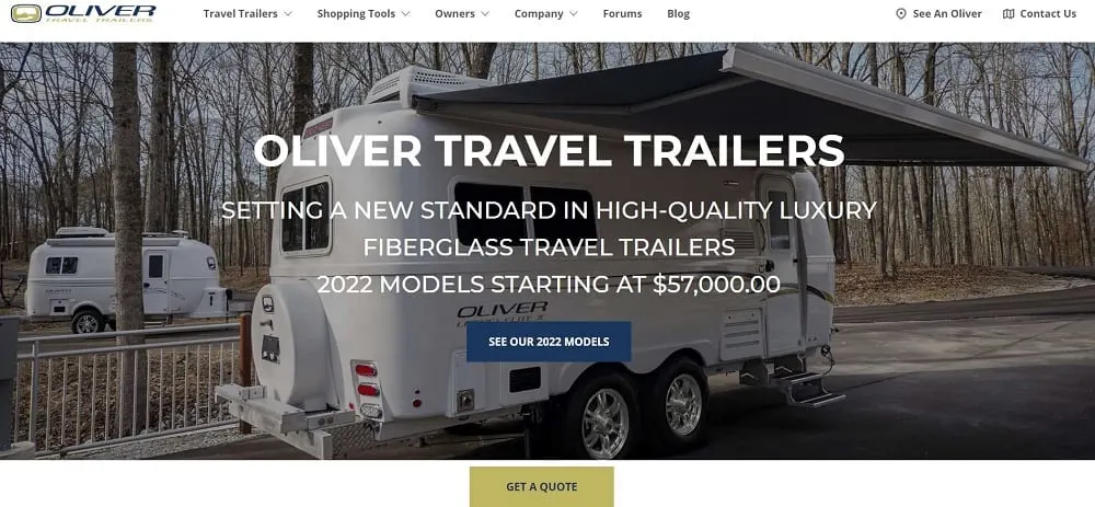 This is a screenshot of the Oliver Travel Trailers website.