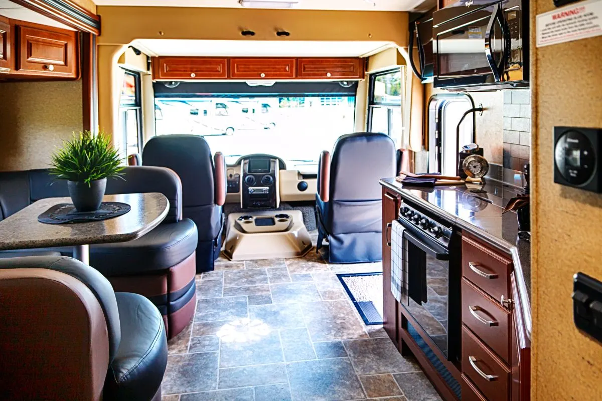 A luxury interior space of a toy hauler.