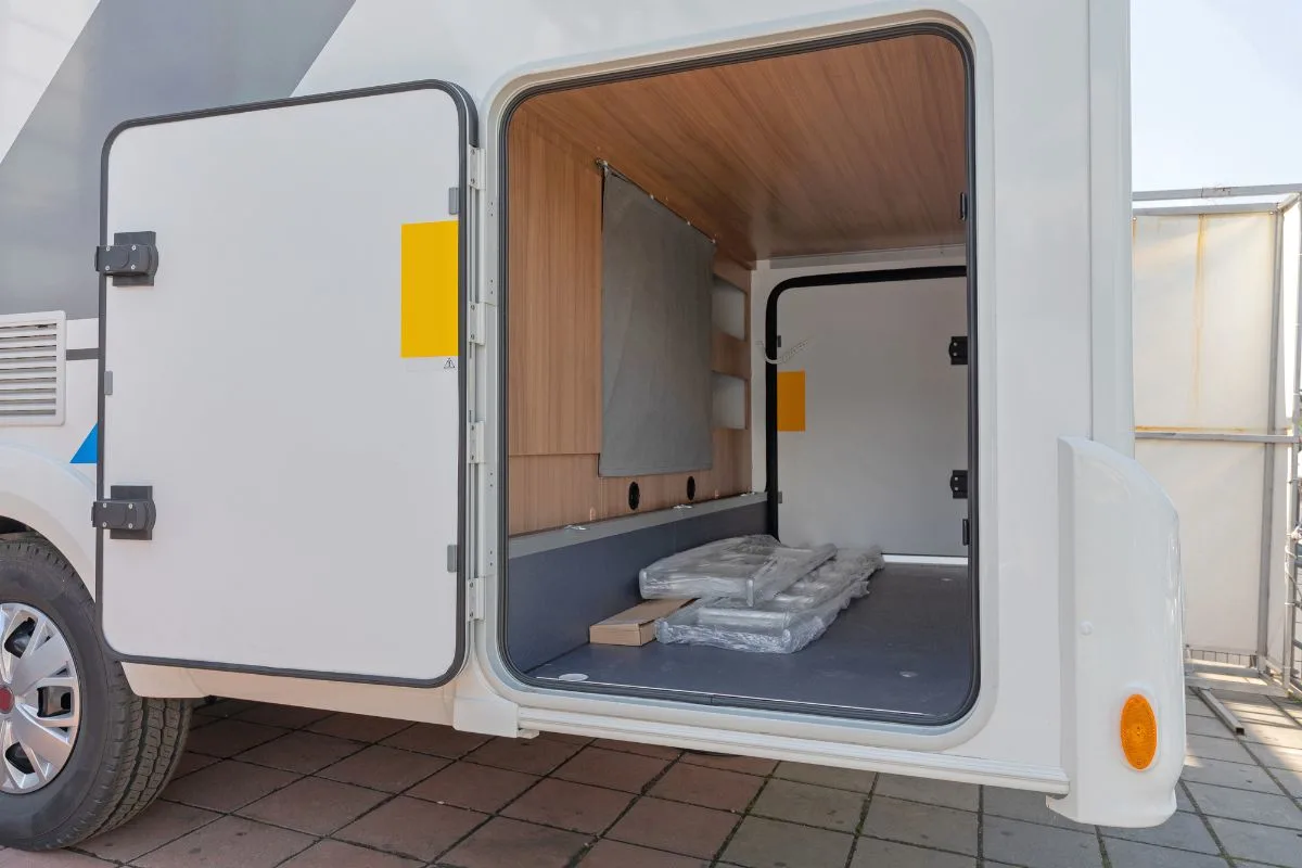 A storage area of a toy hauler RV.