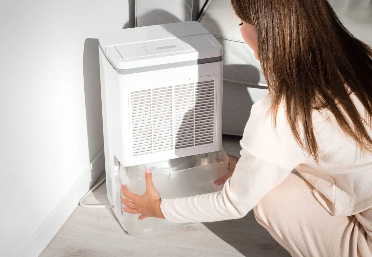 Woman cleaning dehumidifier in RV.