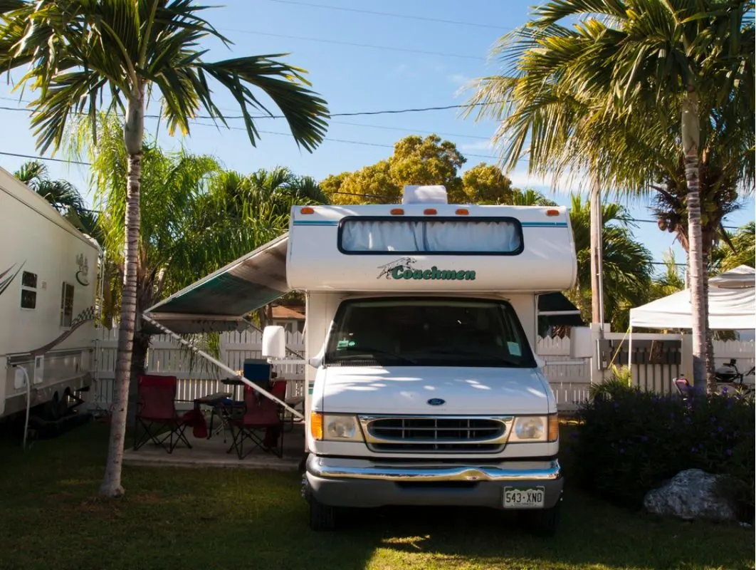 A RV parked in the enclosed backyard with palm trees to keep it in good condition.