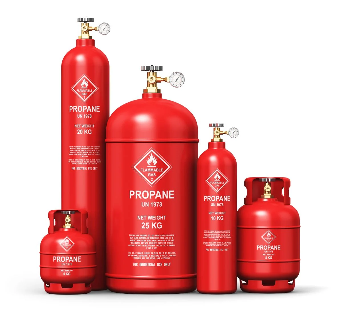 Different sizes of propane in a white isolated background.