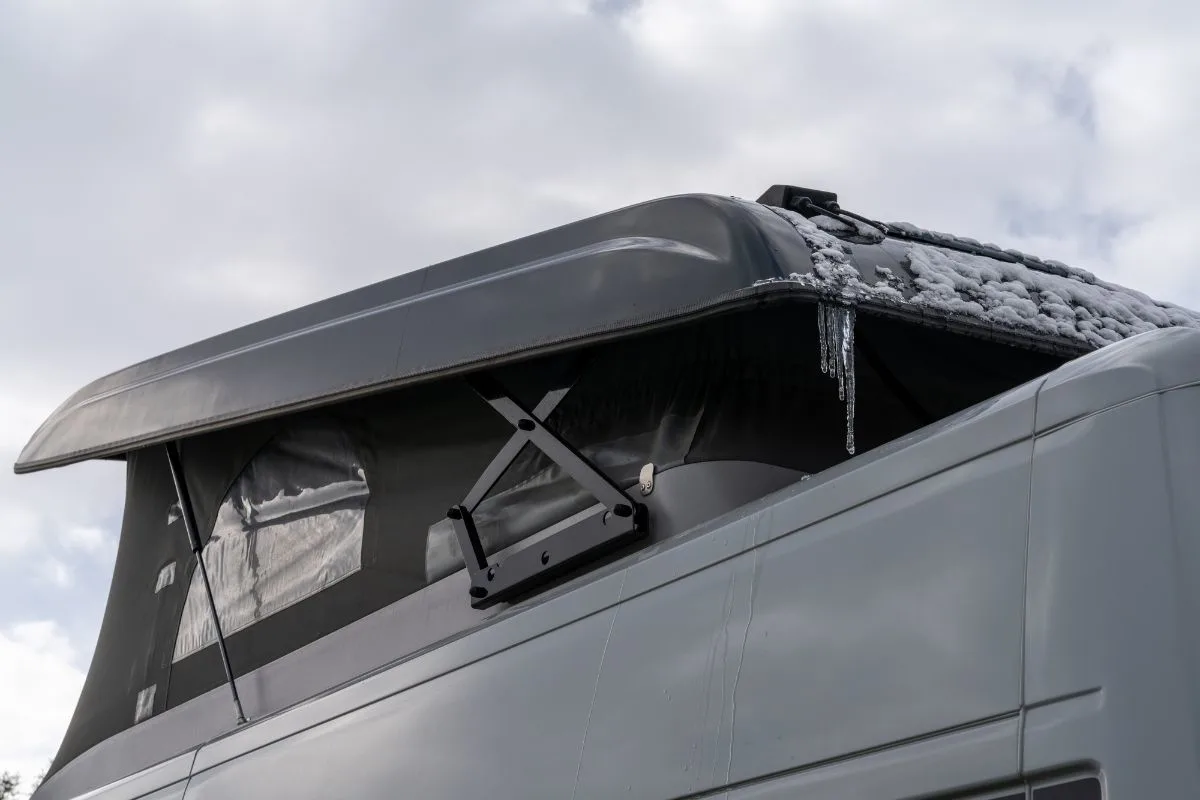 An RV roof with freezing ice. 