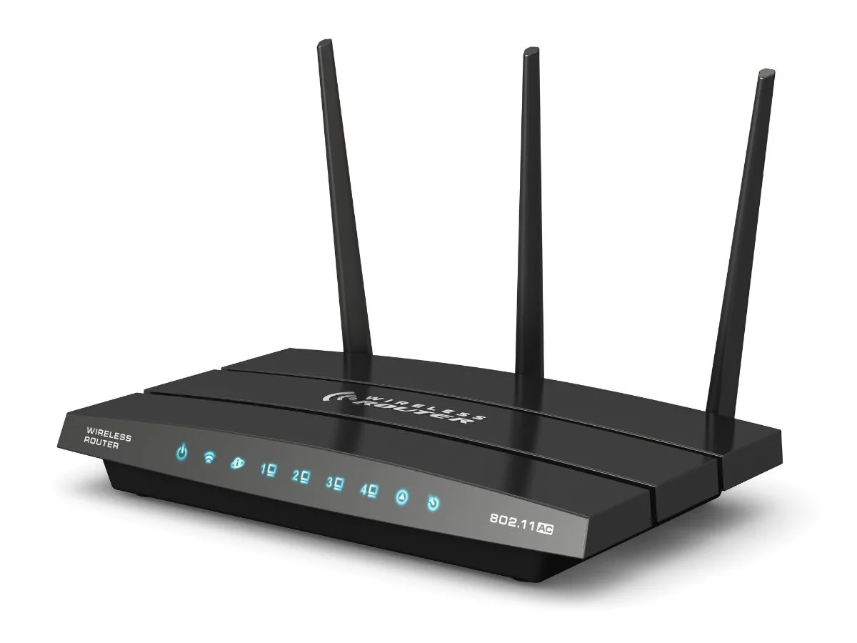 A black wireless Wifi router in a white isolated background.