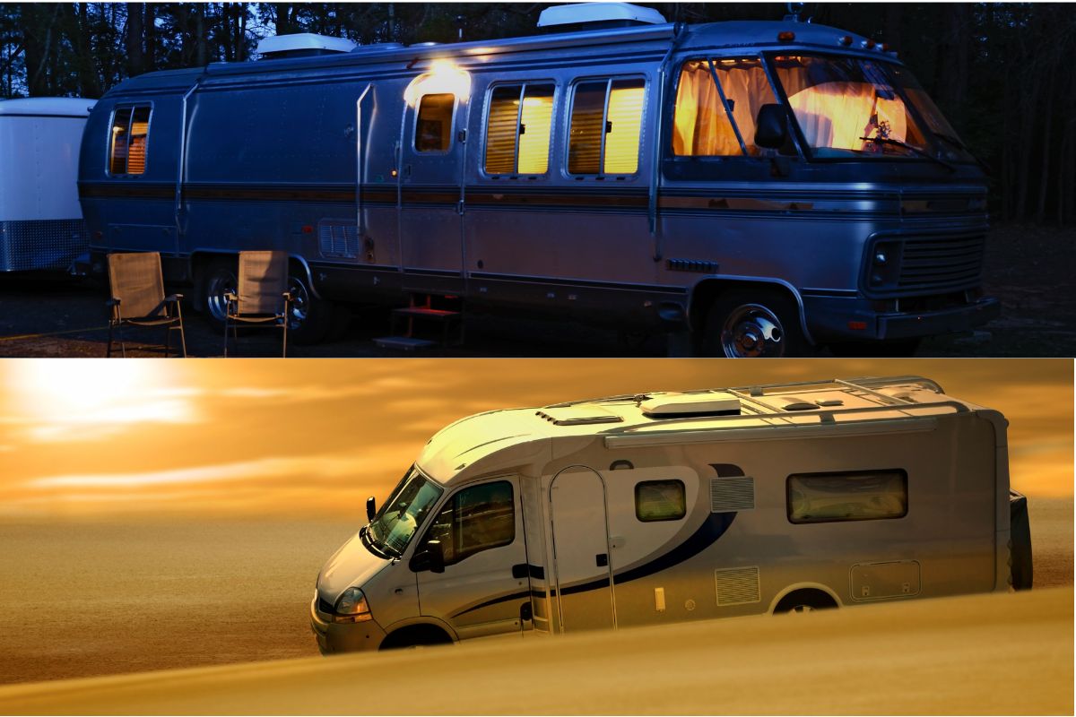 Collage photo of aluminum rv and fiberglass rv.