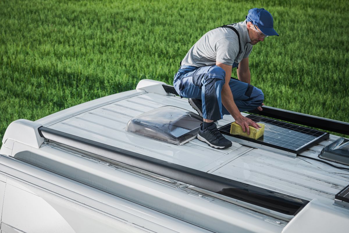 A man at the top of van rv cleaning holding a sponge.