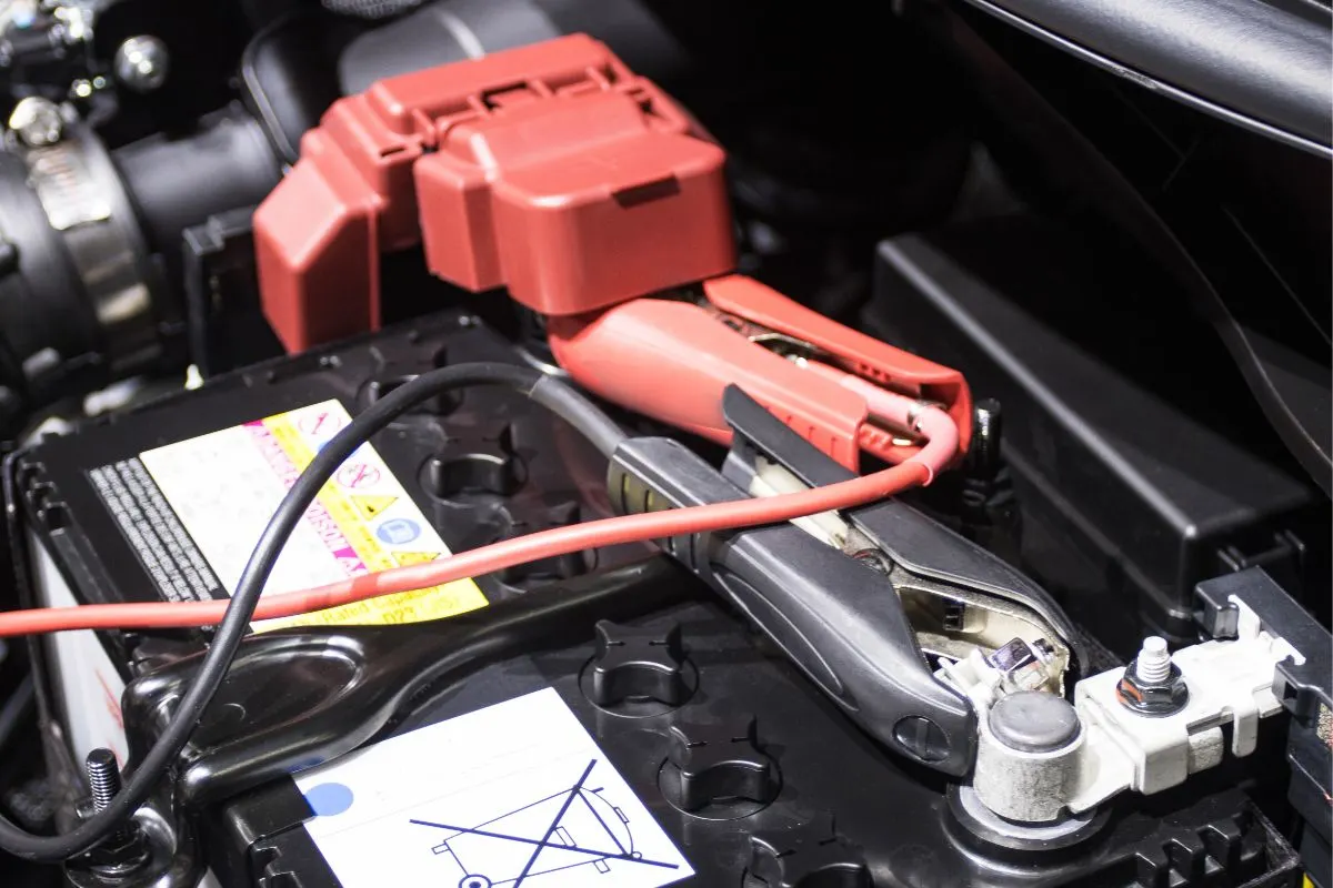 Close up photo of jumper cables for charging vehicle battery.