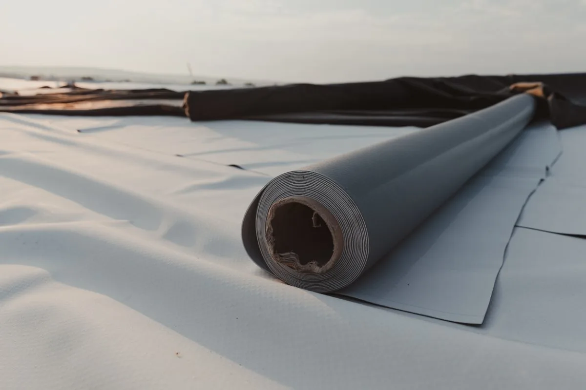 A photo of roofing PVC membrane in rolls placed on the roof of the site.