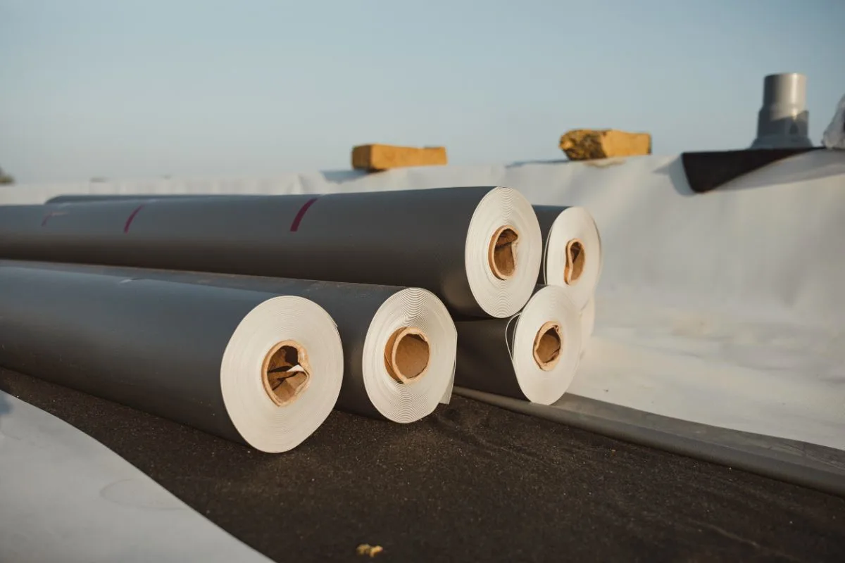 A photo of rubber membrane in rolls for roofing.