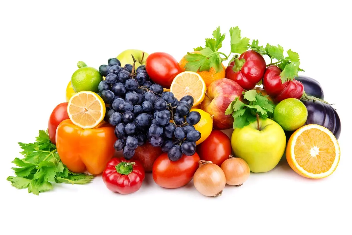 Fruit and vegetables of white isolated background.