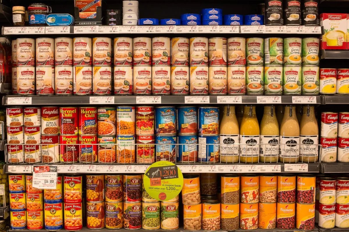 A canned goods on store shelves.