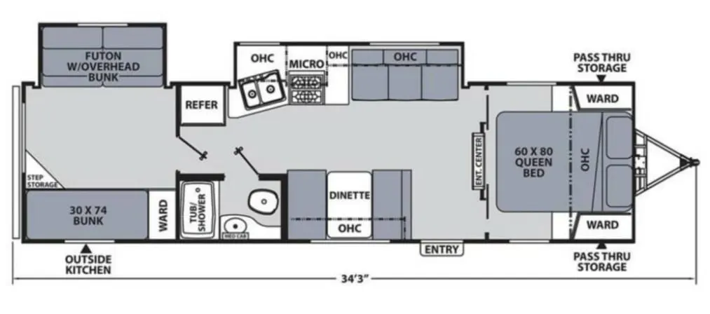 Floor plan of the New 2024 Coachmen APEX 300BHS Travel Trailer RV with dinette, bedroom, living area bathroom, and kitchen.