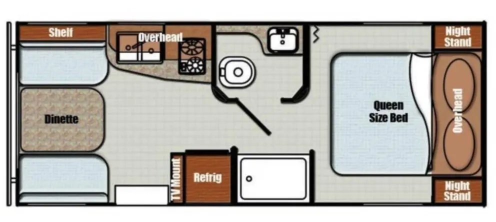 Floor plan of the RV with queen size bed, TV mount, shelf and dinette.