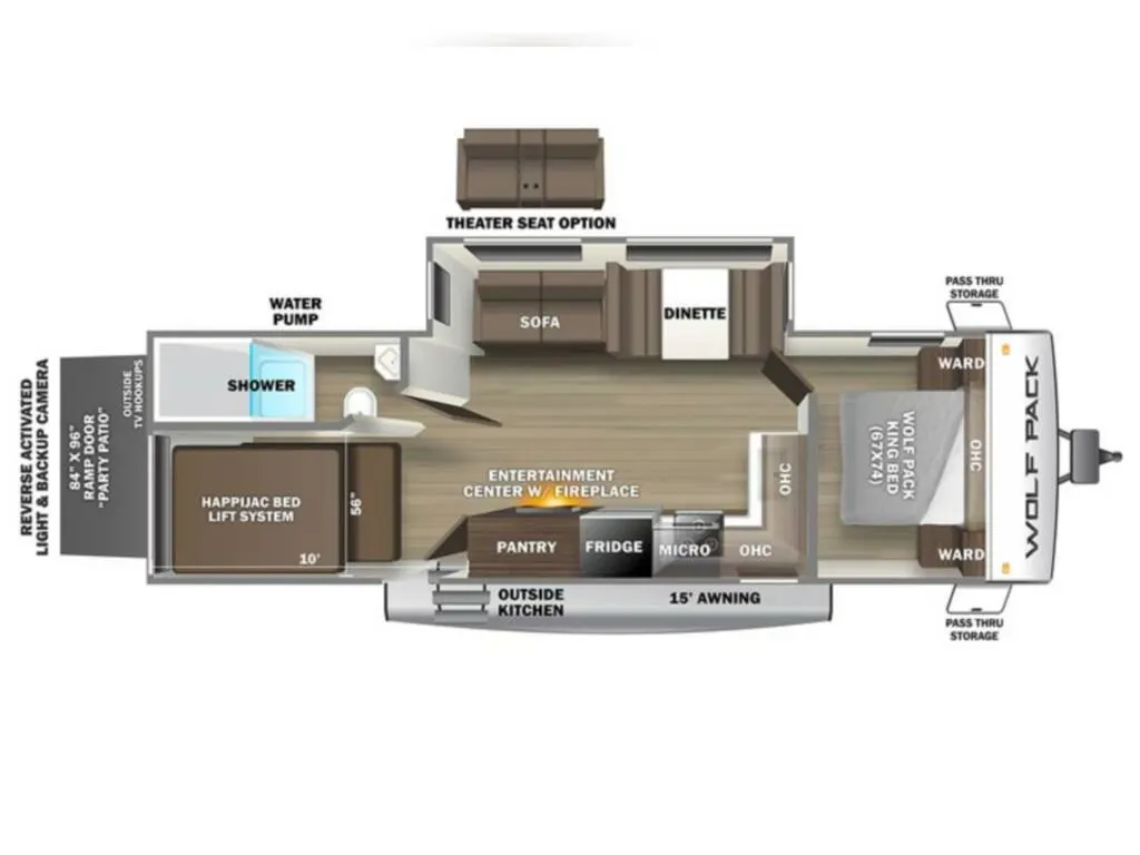 Floor plan of the CHEROKEE WOLF PACK 27PACK10 with dinette, entertainment center, shower, bedroom and outside kitchen.