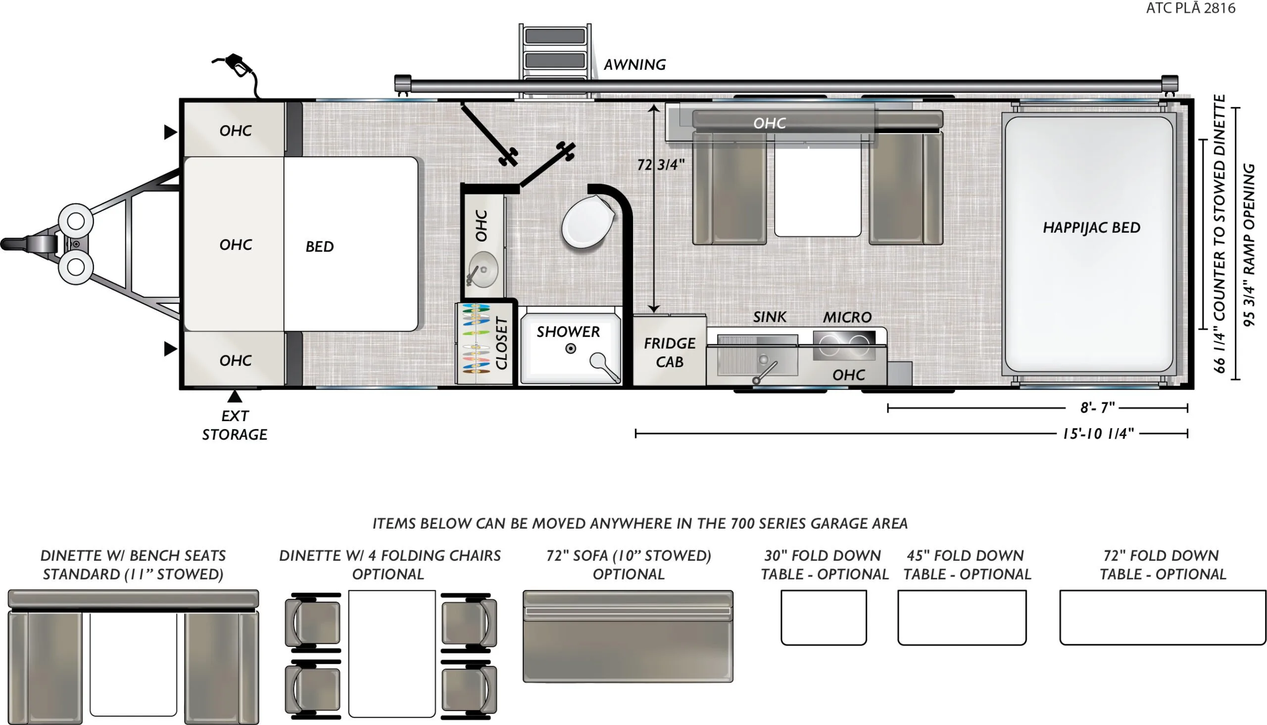 Floor plan of the New 2024 ATC PLĀ 700 (2816) Aluminum Travel Trailer Toy Hauler RV with Bed, shower, fridge cab, sink and shower.