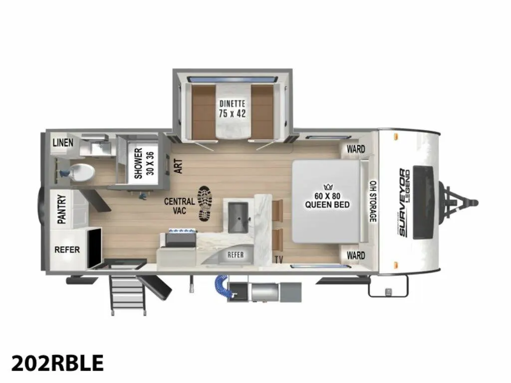 Floor plan of the New 2024 Forest Surveyor Legend 202RBLE Travel Trailer RV with dinette, shower, bedroom, pantry and storage.