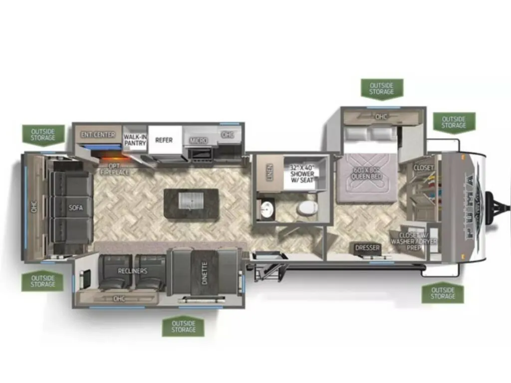 Floor plan of the New 2024 Palomino PUMA 31RLQS Travel Trailer RV.