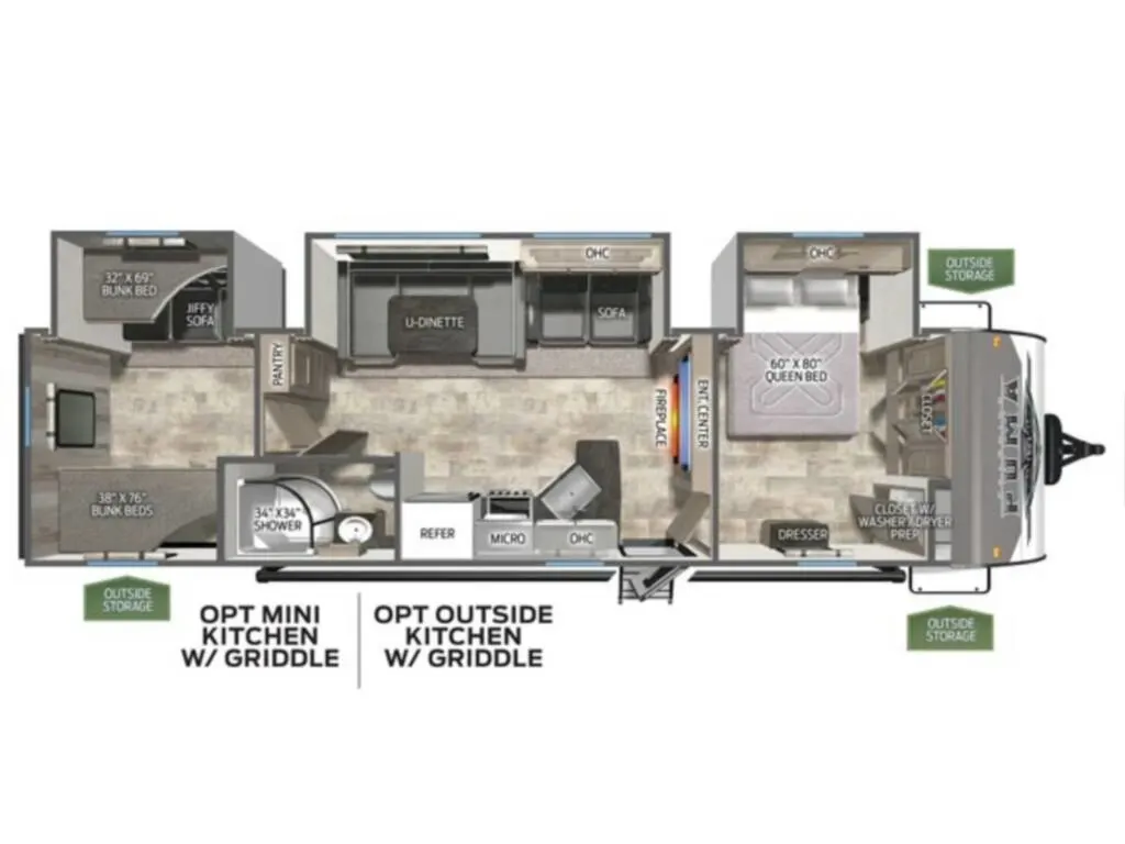 Floor plan of the New 2024 Palomino Puma 32RBFQ Travel Trailer RV with dinette, living area, kitchen, bathroom and bedroom.