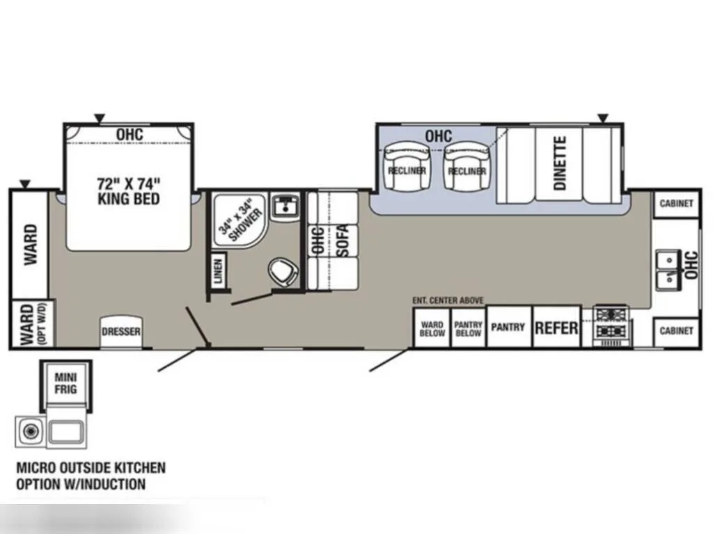 Floor plan of New 2024 Palomino Puma 31FKRK Travel Trailer RV with dinette, cabinets, pantry, shower and bedroom.