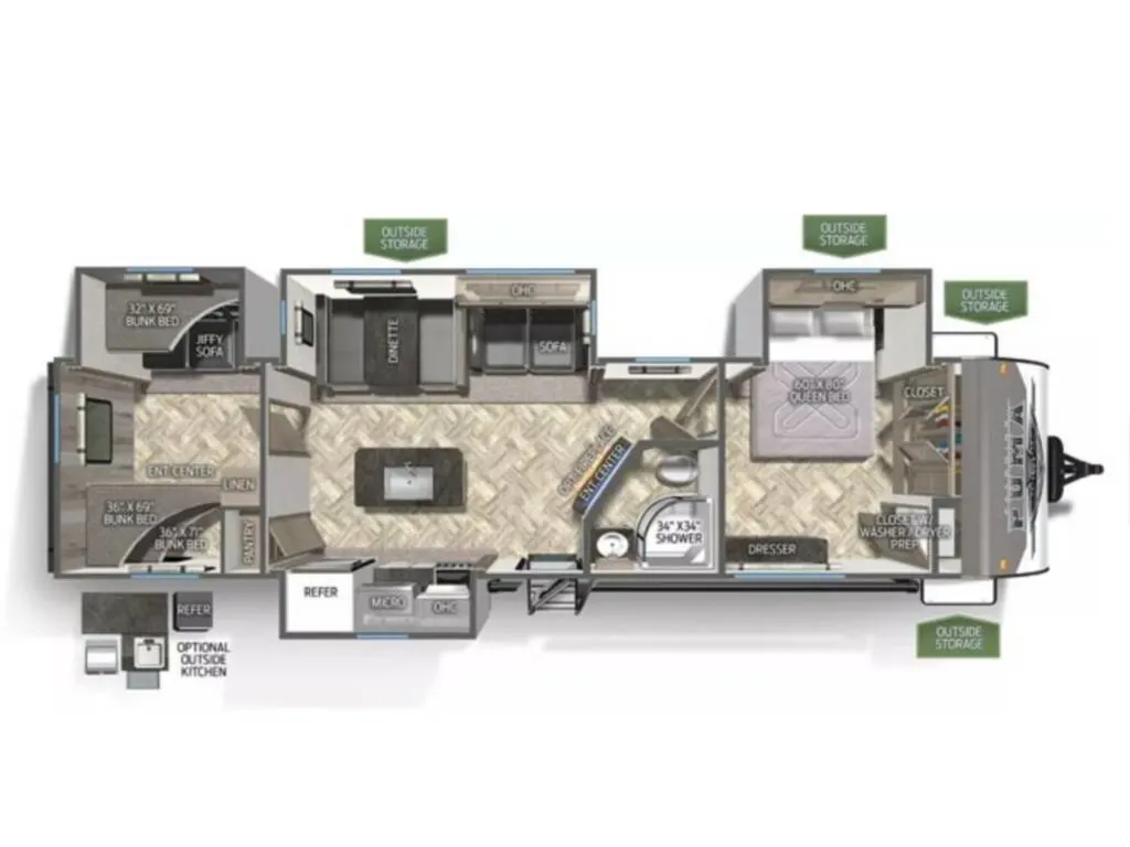 Floor plan of the New 2024 Palomino PUMA 32BHFS Travel Trailer RV with dinette, sofas, closet, kitchen, bunk beds and bathroom.