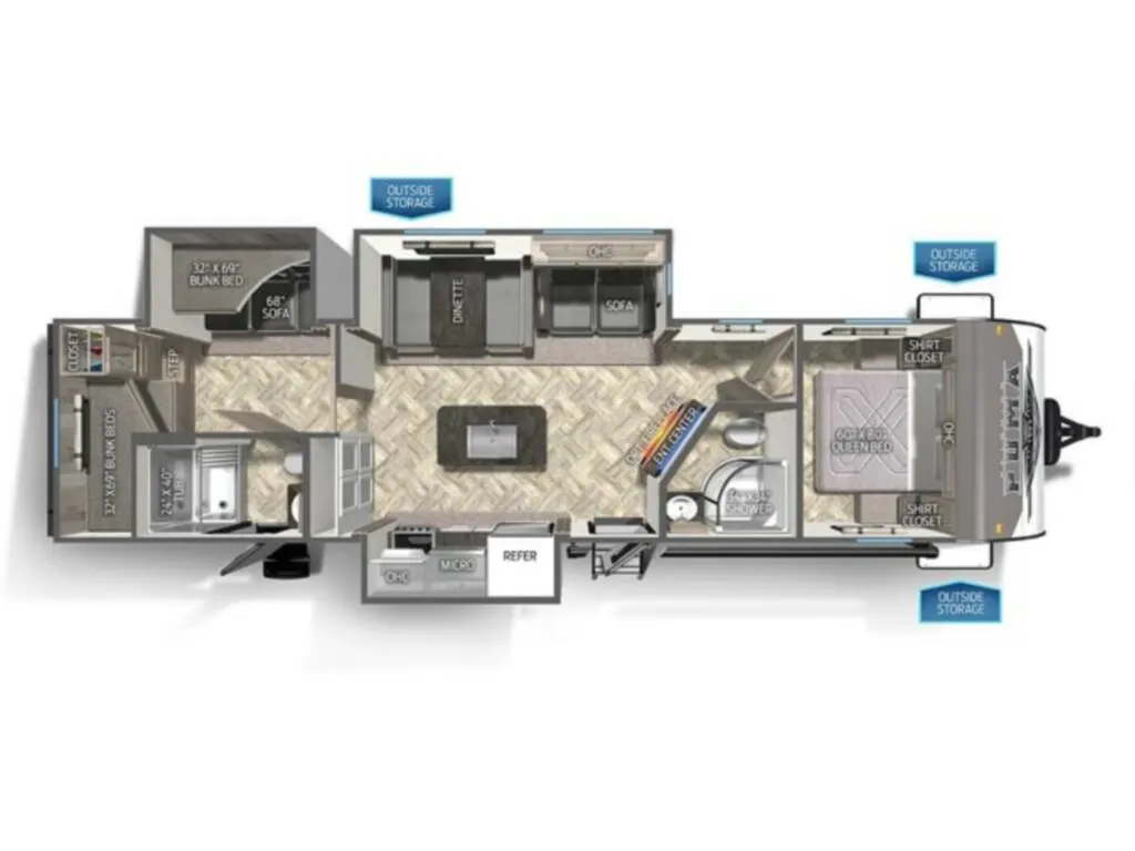 Floor plan of the New 2024 Palomino PUMA 32BH2B Travel Trailer RV with dinette, kitchen, bathroom and bedroom.