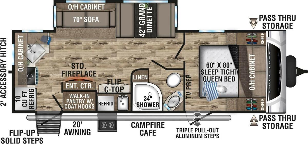 Floor plan of the RV with dinette, living area, kitchen, bathroom and bedroom.