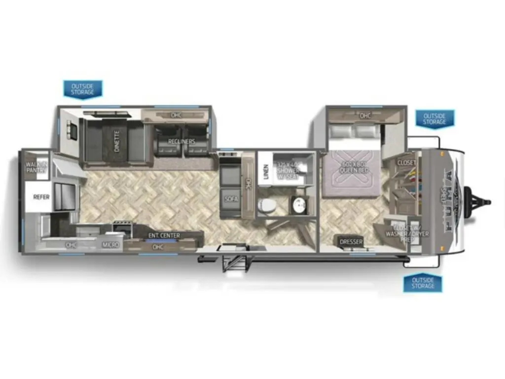 Floor plan of the New 2024 Palomino PUMA 30RKQS Travel Trailer RV with dinette, living area, kitchen, bathroom and bedroom.