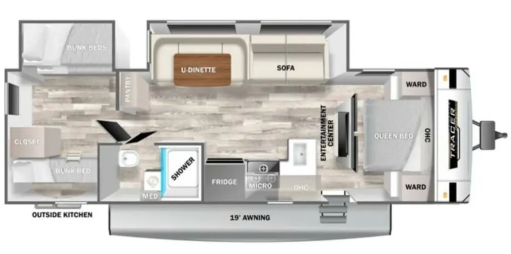 Floor plan of the New 2024 Prime Time TRACER 31BHD Travel Trailer RV with dinette, living area, kitchen, bathroom and bedroom.