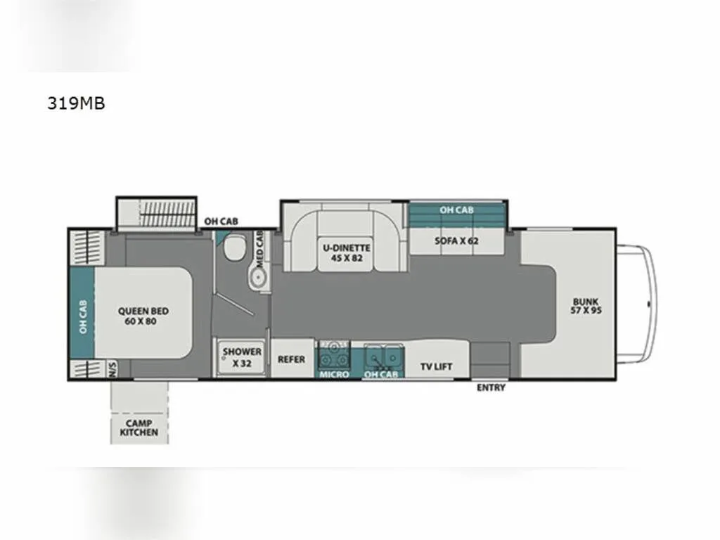 Floor plan of the RV with dinette, living area, kitchen, bathroom and bedroom.