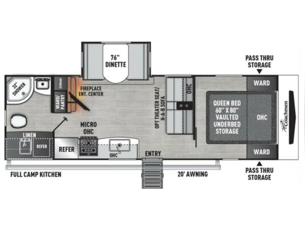 Floor plan of the New 2024 Coachmen Freedom Express Ultra Lite 252RBS Travel Trailer RV with dinette, living area, kitchen, bathroom and bedroom.