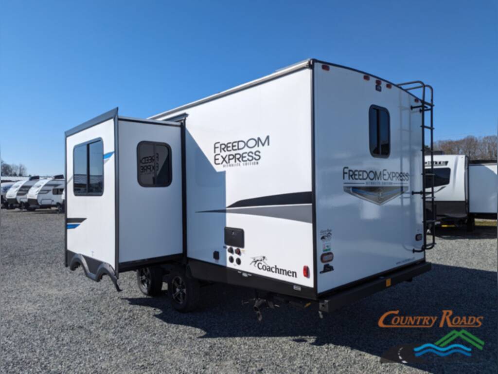 Rear view of the New 2024 Coachmen Freedom Express Ultra Lite 252RBS Travel Trailer RV.