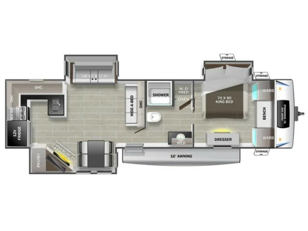 Floor plan of the RV with dinette, living area, kitchen, bathroom and bedroom.