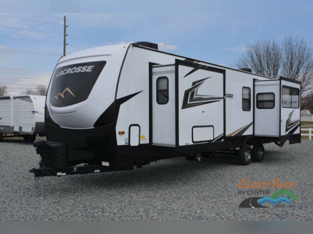 Side view of the New 2023 Prime Time Lacrosse 3411RK Travel Trailer RV.