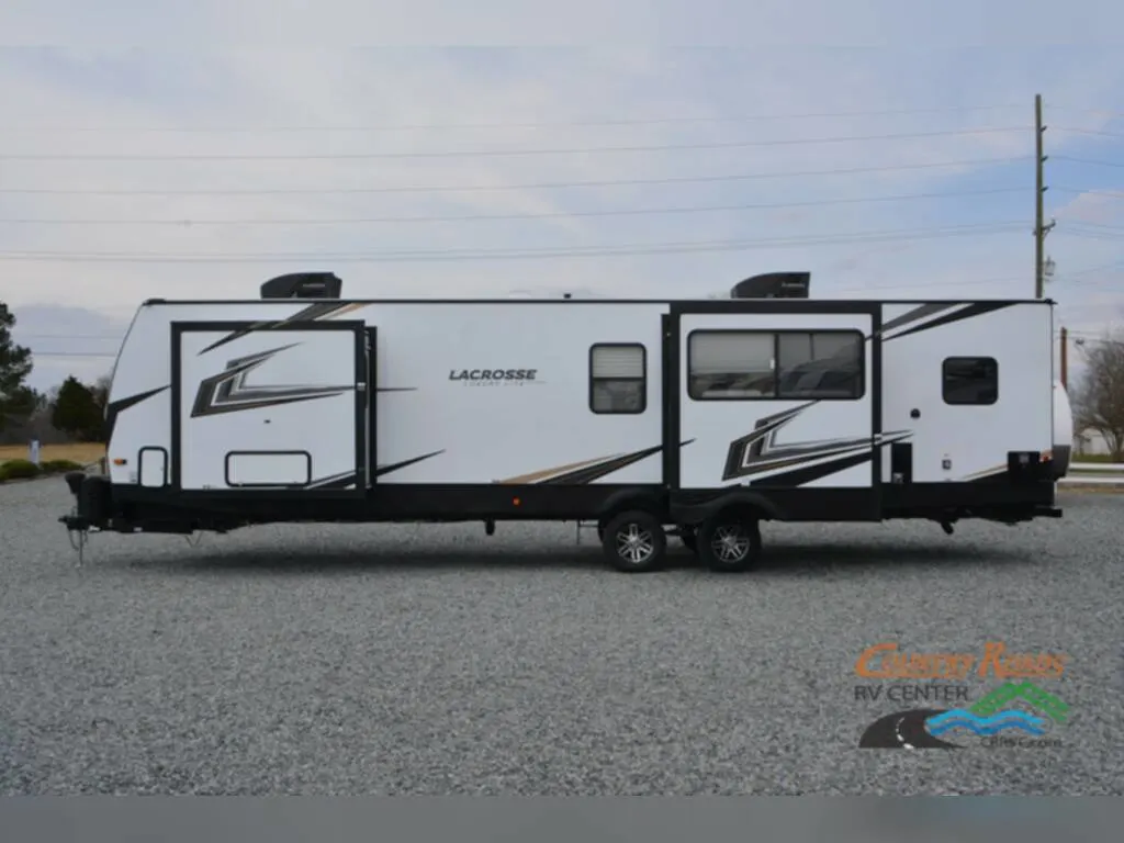 Side view of the New 2023 Prime Time Lacrosse 3411RK Travel Trailer RV.