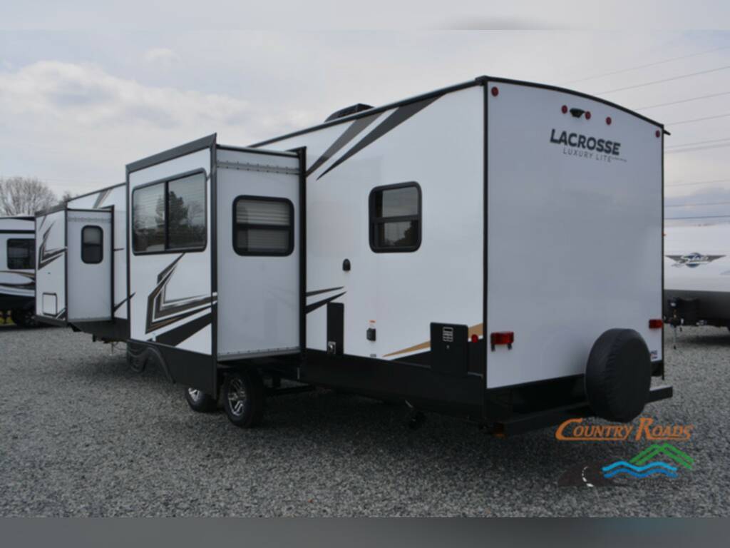 Rear view of the New 2023 Prime Time Lacrosse 3411RK Travel Trailer RV.