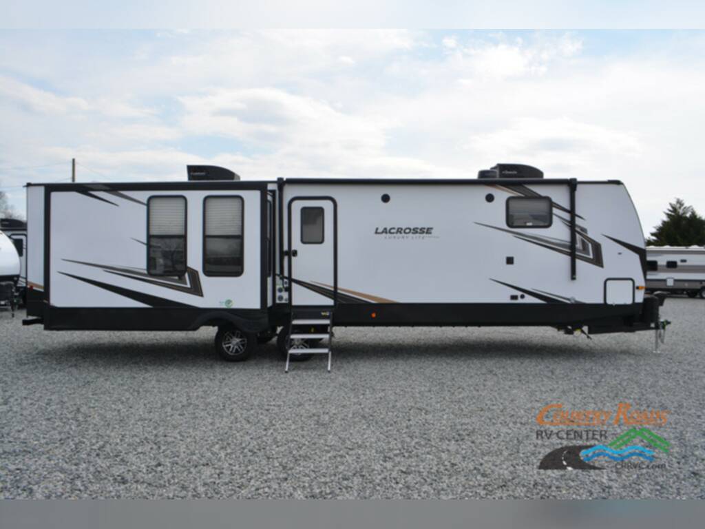 Side view of the New 2023 Prime Time Lacrosse 3411RK Travel Trailer RV.