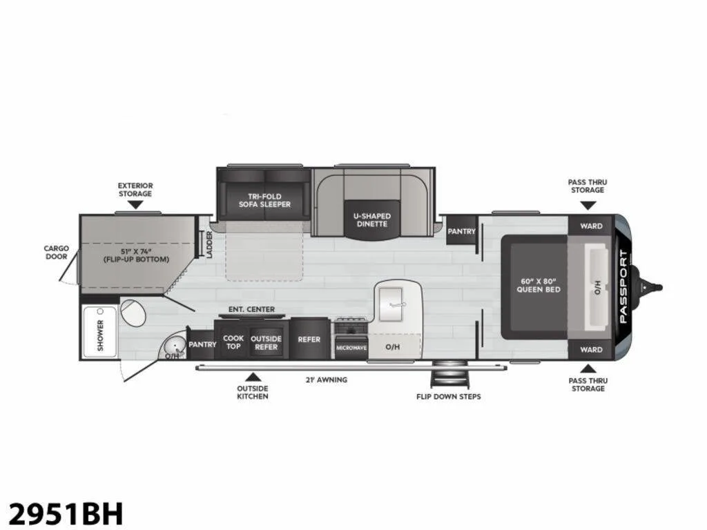 Floor plan of the RV with dinette, living area, kitchen, bathroom and bedroom.