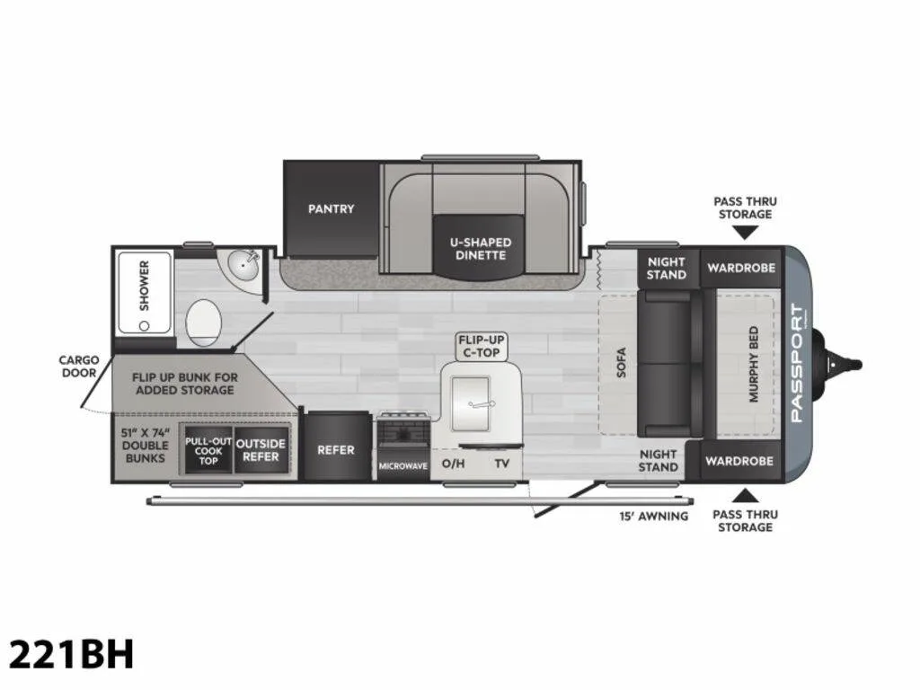 Floor plan of the RV with dinette, living area, kitchen, bathroom and bedroom.